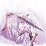  ajirogasa animal_ears breath gradient gradient_background hand_on_headwear hat high_collar highres inubashiri_momiji kabu_(yuyuibob) long_sleeves looking_up profile red_eyes short_hair snow snow_on_head solo sword touhou upper_body weapon white_hair wide_sleeves wolf_ears 