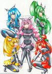  bad_end_beauty bad_end_happy bad_end_march bad_end_peace bad_end_precure bad_end_sunny bat_wings black_bodysuit blonde_hair blue_eyes blue_hair bodysuit covered_navel crossed_arms fingerless_gloves frills gem gloves green_eyes green_hair grin highres long_hair multiple_girls one_eye_closed open_mouth orange_eyes orange_hair pink_eyes pink_hair ponytail precure skin_tight skirt smile smile_precure! teeth tiara traditional_media twintails very_long_hair white_background wide_sleeves wings yellow_eyes yorudo_kaoru 