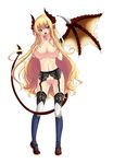  1girl blonde_hair breasts demon_girl enoko_(zqfebi) fangs ga_no_kitsune highres horns large_breasts long_hair long_tongue monster_girl nipples pubic_hair pussy simple_background single_wing succubus tail tongue uncensored white_background wings 