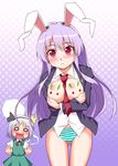  2girls animal_ears aqua_panties between_breasts blush breasts breasts_outside bunny_ears crescent crossed_arms ear_blush gradient gradient_background hair_ribbon highres jacket kairakuen_umenoka konpaku_youmu konpaku_youmu_(ghost) long_hair looking_at_viewer medium_breasts multiple_girls necktie necktie_between_breasts no_pants o_o open_clothes open_jacket open_mouth panties polka_dot polka_dot_background purple_hair red_eyes red_neckwear reisen_udongein_inaba ribbon shirt silver_hair skirt skirt_set snow_bunny striped striped_panties surprised touhou underwear very_long_hair 