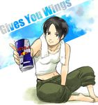  ace_combat ace_combat_5 barefoot black_eyes black_hair can drink energy_drink english inaba_tomoe kei_nagase navel product_placement red_bull short_hair solo tank_top 