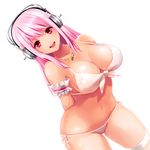  arms_behind_back bad_id bad_pixiv_id bikini breasts fishnets headphones jewelry koshika_rina large_breasts long_hair looking_at_viewer necklace nitroplus open_mouth pink_eyes pink_hair side-tie_bikini simple_background smile solo super_sonico swimsuit thighhighs white_background 