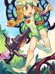  alex_ahad bare_shoulders blonde_hair blue_wings bow_(weapon) braid butterfly_wings choker crossbow fairy flower freckles hair_flower hair_ornament leotard long_hair mercedes odin_sphere open_mouth pointing pointing_forward pointy_ears puff_and_slash_sleeves puffy_sleeves red_eyes solo twin_braids weapon wings 
