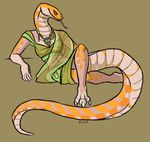  3_toes anthro breasts claws digitigrade female forked_tongue long_tongue looking_at_viewer necklace orange_scales plain_background reclining reptile royalty_(artist) scalie smile snake solo toe_claws tongue tongue_out yellow_scales 