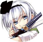  blue_eyes hair_ribbon katana konpaku_youmu looking_at_viewer nanaroku_(fortress76) ribbon shirt short_sleeves silver_hair smile solo sword touhou upper_body vest weapon 