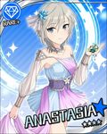  anastasia_(idolmaster) bare_shoulders blue_background blue_eyes card_(medium) character_name collarbone corset detached_sleeves diamond_(symbol) drape dress flower hair_ornament idolmaster idolmaster_cinderella_girls jewelry jpeg_artifacts light_smile looking_at_viewer necklace official_art see-through short_dress short_hair silver_hair solo 