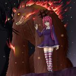  absurdres animal_ears annie_hastur backpack bag bear blush breasts fingernails fire glowing glowing_eyes green_eyes headband highres ijwm league_of_legends nail_polish pink_hair pink_legwear sharp_teeth short_hair stitches striped striped_legwear teeth thighhighs tibbers white_legwear 