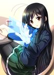  accel_world akino_shin antenna_hair black_hair book cup holographic_interface kuroyukihime long_hair orange_eyes pantyhose pleated_skirt school_uniform skirt solo teacup umesato_middle_school_uniform 