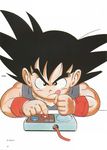  1boy 80s :q arcade_stick black_hair child controller dragon_ball dragon_ball_(classic) game_controller highres joystick male_focus muscle official_art oldschool playing_games scan scan_artifacts solo son_gokuu spiked_hair tongue tongue_out toriyama_akira wristband younger 