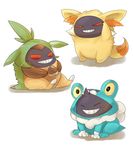  chespin cosplay eyes_closed fennekin froakie gengar grin kuri517 no_humans pokemon pokemon_(game) pokemon_xy red_eyes simple_background sitting smile solo white_background 