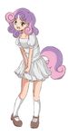  1girl artist_request dress highres horn kneehighs mary_janes multicolored_hair my_little_pony my_little_pony_friendship_is_magic personification pink_hair shoes short_dress smile socks sweetie_belle tail two-tone_hair white_dress white_legwear 