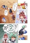  ^_^ animal_ears antennae blonde_hair blue_hair bow cape cirno closed_eyes comic crater earrings green_eyes green_hair hat jewelry matty_(zuwzi) multiple_girls mystia_lorelei open_mouth outstretched_arms pink_hair ribbon rumia short_hair spread_arms team_9 touhou translated tree wings wriggle_nightbug yamcha_pose 