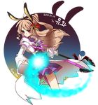  2013 aisha_(elsword) alternate_hair_color alternate_hairstyle animal_ears bad_id bad_pixiv_id brown_hair bunny_ears dated elsword expressionless fake_animal_ears flower hair_flower hair_ornament jacket levi_(jopok011) long_hair magic purple_eyes purple_skirt red_flower red_rose rose skirt solo staff transparent_background 