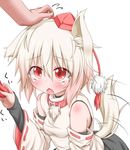  animal_ears bare_shoulders blush collar detached_sleeves fang hand_on_another's_head hat hat_ribbon hetero inubashiri_momiji oden_(th-inaba) open_mouth red_eyes ribbon shirt_tug silver_hair tail tail_wagging tokin_hat touhou wolf_ears wolf_tail 