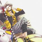  bepo color denim earbuds earphones facial_hair glasses goatee hat heart_pirates hood hoodie jeans jolly_roger male male_focus nodachi one_piece pants penguin_(one_piece) pirate shachi_(one_piece) sheath sheathed sheathed_weapon sitting solo stuffed_toy takuhe_0410 trafalgar_law weapon 