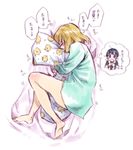  :d animal_print bad_id bad_pixiv_id barefoot between_legs bird black_hair blonde_hair blush bottomless chick closed_eyes dakimakura_(object) feet grinding hug kitashirakawa_tamako long_hair lying multiple_girls on_bed on_side open_mouth pillow short_hair smile soles takanashi_ringo tamako_market tears thought_bubble tokiwa_midori translated yuri 