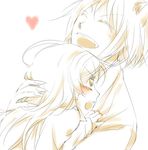  &lt;3 1boy 1girl happy heart kamisama_hajimemashita laugh laughing lowres momozono_nanami monochrome simple_background tomoe_(kamisama_hajimemashita) white_hair 