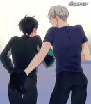  2boys ^_^ artist_name ass ass_grab black_gloves blue_shirt blush bottle closed_eyes embarrassed eyes_closed from_behind gearous gloves grey_hair hand_on_another&#039;s_ass hand_on_own_ass happy katsuki_yuuri long_sleeves male_focus multiple_boys profile shirt short_hair smile standing upper_body viktor_nikiforov water water_bottle yaoi yuri!!!_on_ice 