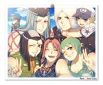  4boys baseball_cap black_hair blonde_hair blue_hair double_bun emporio_alnino ermes_costello foo_fighters green_hair hairlocs hat highres horns jojo_no_kimyou_na_bouken kuujou_jolyne kuujou_joutarou mika_(1020mk) multiple_boys multiple_girls narciso_anasui photo_(object) pink_hair stone_ocean weather_report 