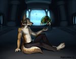  ambiguous_gender arun canine clothed clothing coyote duo facial_hair goatee green_eyes hair half-dressed hybrid kangaroo leon long_hair male mammal marisama marsupial metroid metroid_(creature) topless 