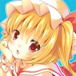  :o blonde_hair blue_background dress fang flandre_scarlet hat hat_ribbon head_rest irori looking_at_viewer lowres mob_cap portrait red_eyes ribbon short_hair side_ponytail simple_background solo touhou wrist_cuffs 