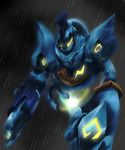  arm_cannon artist_request glowing glowing_eyes golurk gun highres no_humans pokemon pokemon_(game) pokemon_bw rain robot solo weapon yellow_eyes 