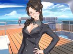  1girl black_hair blue_eyes bra breasts cleavage cloud clouds formal game_cg glasses hand_on_hip hand_on_hips long_hair looking_at_viewer outdoors sano_toshihide ship sky smile solo standing suit underwear 