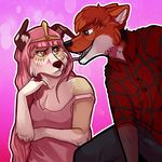  black_nose breasts brown_fur brown_hair clothed clothing duo female frown fur green_hair grey_fur hair licking male pink_hair restricted_palette shirt smile solarbyte teasing teeth tiara tongue white_fur 