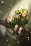  1girl boots fairy finni_chang forest green_eyes green_footwear green_hair green_hairband hairband instrument link nature ocarina pointy_ears saria short_hair sleeping the_legend_of_zelda the_legend_of_zelda:_ocarina_of_time 
