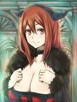  breasts brown_hair cleavage fur_trim horns huge_breasts inaba-no-kuni-tottori long_hair looking_at_viewer maou_(maoyuu) maoyuu_maou_yuusha red_eyes solo 