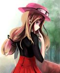  1girl artist_request blue_eyes brown_hair drown_hair female_protagonist_(pokemon_xy) from_behind goggles hat long_hair looking_back pokemon pokemon_(game) pokemon_xy serena_(pokemon) solo tomoki_(omaenoie) 