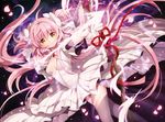  arrow bow bow_(weapon) breasts cleavage_cutout drawing_bow dress gloves glowing glowing_weapon hair_bow hair_ribbon holding holding_arrow holding_bow_(weapon) holding_weapon kaname_madoka long_hair mahou_shoujo_madoka_magica medium_breasts outstretched_arm petals pink_hair purple_legwear rednian ribbon short_sleeves smile solo space spoilers thighhighs two_side_up ultimate_madoka very_long_hair weapon white_dress white_gloves yellow_eyes zettai_ryouiki 