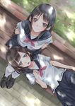  blue_eyes dappled_sunlight hirano_(fireworks) lap_pillow long_hair multiple_girls onjouji_toki saki saki_achiga-hen school_uniform senriyama_school_uniform serafuku shimizudani_ryuuka short_hair sitting sunlight thighhighs 