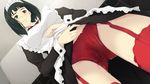  1girl black_hair blush breasts cameltoe caucasus_nanatsuki_no_nie embarrassed game_cg garter_belt green_eyes hiyama_akane innocent_grey maid maid_headdress panties red_panties short_hair solo standing sugina_miki thighhighs underwear wet 