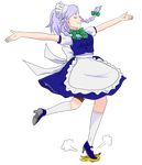  apron banana_peel bow braid closed_eyes earrings full_body hair_bow high_heels izayoi_sakuya jewelry kneehighs leg_up maid_headdress open_hands outstretched_arms radifus shoes short_hair short_sleeves silver_hair skirt smile solo spread_arms touhou transparent_background twin_braids vest waist_apron white_legwear 