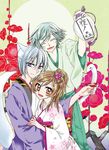  1girl 2boys alcohol brown_eyes brown_hair kamisama_hajimemashita mizuki_(kamisama_hajimemashita) momozono_nanami multiple_boys purple_eyes sake tomoe_(kamisama_hajimemashita) white_hair 