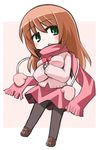  achiga_school_uniform blush brown_hair cardigan chibi green_eyes kugelschreiber loafers long_hair matsumi_yuu mittens pantyhose pink_cardigan ribbon saki saki_achiga-hen scarf shoes solo 