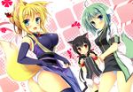  3girls animal_ears aqua_eyes black_hair blonde_hair blue_eyes blush catgirl dog_days doggirl eclair_martinozzi foxgirl gloves green_hair long_hair noir_vinocacao panties red_eyes short_hair tail tateha thighhighs underwear yukikaze_panettone 