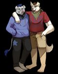  bandanna belt black_background blue_hair brown_hair canine clothing couple duo eyewear fangs fur gay glasses green_eyes grey_fur hair hoodie hoody hug kerchief male mammal open_mouth pig plain_background porcine shirt smile solarbyte teeth white_fur wolf 