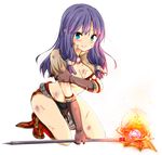  aqua_eyes blood blush boots breasts bruise cleavage cuts full_body gloves groin injury kneeling long_hair looking_at_viewer mage_(ragnarok_online) medium_breasts midriff parted_lips pelvic_curtain purple_hair ragho_no_erika ragnarok_online simple_background solo staff sweatdrop tears torn_clothes underboob white_background 