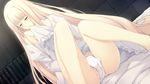  1girl bed blonde_hair blush caucasus_nanatsuki_no_nie dress dress_lift eyes_closed fingering game_cg hand_in_panties innocent_grey long_hair masturbation mouth_hold nanatsuki_shion panties sitting solo spread_legs sugina_miki underwear wall white_panties 