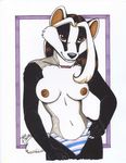  badger black_nose breasts brown_eyes brown_hair brown_nipples claws clothed clothing female front hair half-dressed inviting looking_at_viewer mammal mustelid navel necklace nipples panties skimpy solo striped_panties terrie_smith topless underwear white_hair 