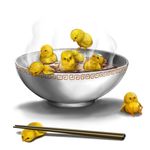  bird bowl causa chick chopsticks food no_humans noodles original sitting steam towel 