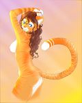  anthro arms_above_head becca blue_eyes breasts brown_hair butt cat feline female hair looking_back mammal neex nipples nude plain_background side_boob smile solo stripes whiskers 