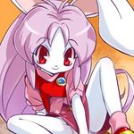  animal_ears bunny_ears covering covering_crotch cream_(eto_ranger) haruyama_kazunori juuni_senshi_bakuretsu_eto_ranger long_hair lowres panties pantyshot pantyshot_(sitting) purple_hair red_eyes sitting skirt skirt_tug smile solo spread_legs underwear upskirt 