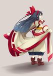  ainu_clothes blue_eyes blue_hair boots bow gloves gradient_hair hair_bow ichinose_yuu long_hair multicolored_hair nakoruru profile red_bow samurai_spirits shadow sheath simple_background solo wind 