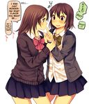  blush bow brown_eyes brown_hair cardigan finger_sucking hachiko_(hati12) hard_translated long_hair original school_uniform short_hair skirt translated yuri 