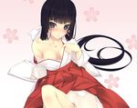 black_hair blush cleavage f-ism japanese_clothes long_hair miko murakami_suigun no_bra nopan see_through vagina 