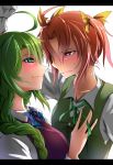  2girls :3 ahoge bangs blouse blue_eyes blue_neckwear blush bow bowtie breasts brown_hair closed_mouth couple dress eye_contact face-to-face female gloves green_hair green_neckwear green_ribbon green_vest hair_between_eyes hair_ribbon hand_up highres kagerou_(kantai_collection) kantai_collection long_hair long_sleeves looking_at_another medium_breasts mole mole_under_mouth multiple_girls neck neck_ribbon parted_bangs pink_eyes purple_dress remodel_(kantai_collection) ribbon school_uniform serious shiny shiny_hair shirt short_hair smile sweat tatetsuki twintails upper_body vest wall_slam wavy_mouth white_blouse white_shirt yellow_ribbon yuri yuugumo_(kantai_collection) 