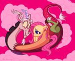  blue_eyes blush cute discord_(mlp) draconequus duo equine eye_contact female feral fluttershy_(mlp) friendship_is_magic girgrunny horse lying male mammal my_little_pony on_back pink_background pink_theme plain_background pony smile wings yellow_body 